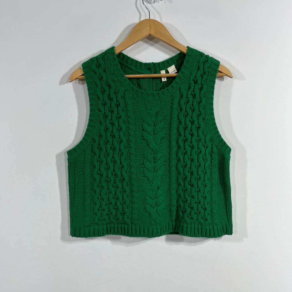 Moth Preppy Fisherman Kelly Green Cable Knit Wool Blend Sweater Vest Large Boho